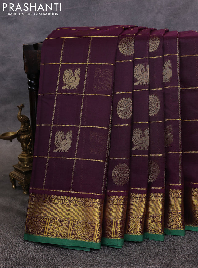 10 Yards silk cotton saree deep purple and green with allover zari checks & buttas and rich zari woven border