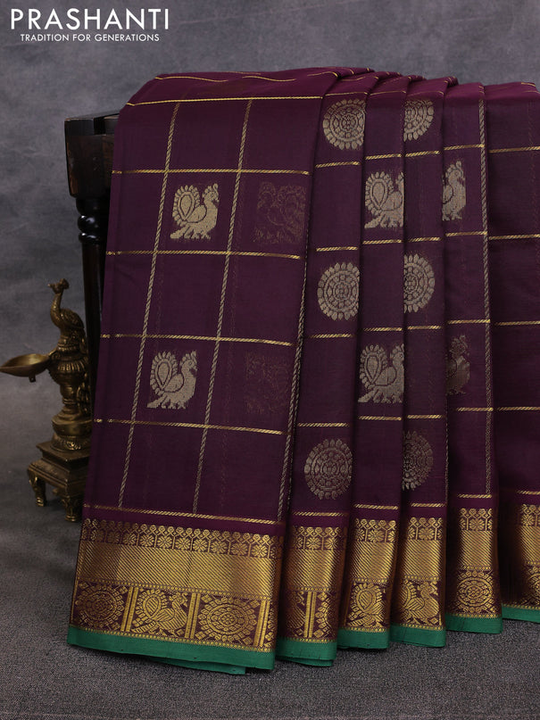 10 Yards silk cotton saree deep purple and green with allover zari checks & buttas and rich zari woven border