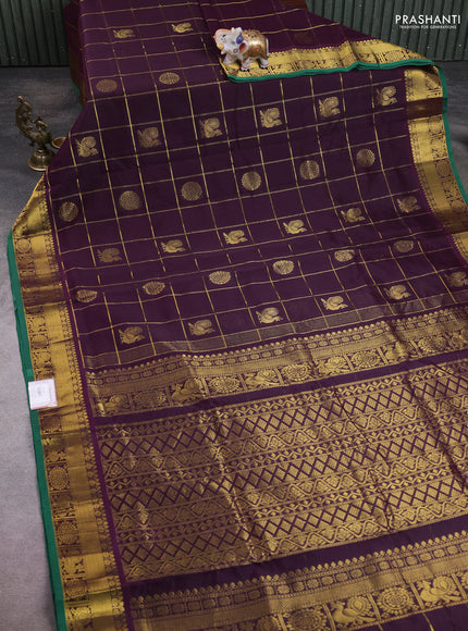 10 Yards silk cotton saree deep purple and green with allover zari checks & buttas and rich zari woven border