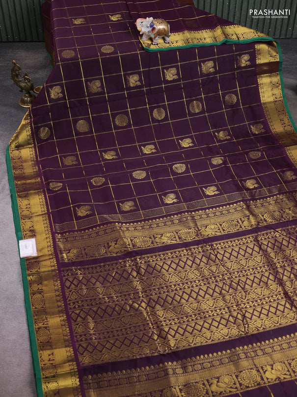 10 Yards silk cotton saree deep purple and green with allover zari checks & buttas and rich zari woven border