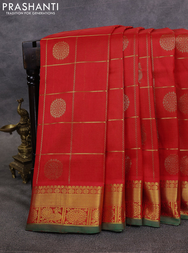 10 Yards silk cotton saree red and green with allover zari checks & buttas and rich zari woven border
