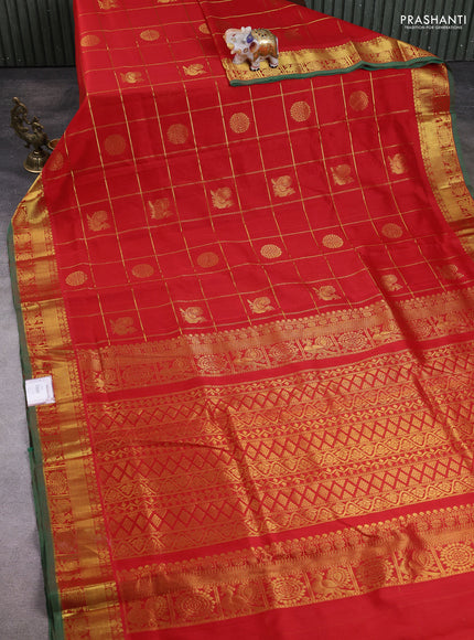 10 Yards silk cotton saree red and green with allover zari checks & buttas and rich zari woven border