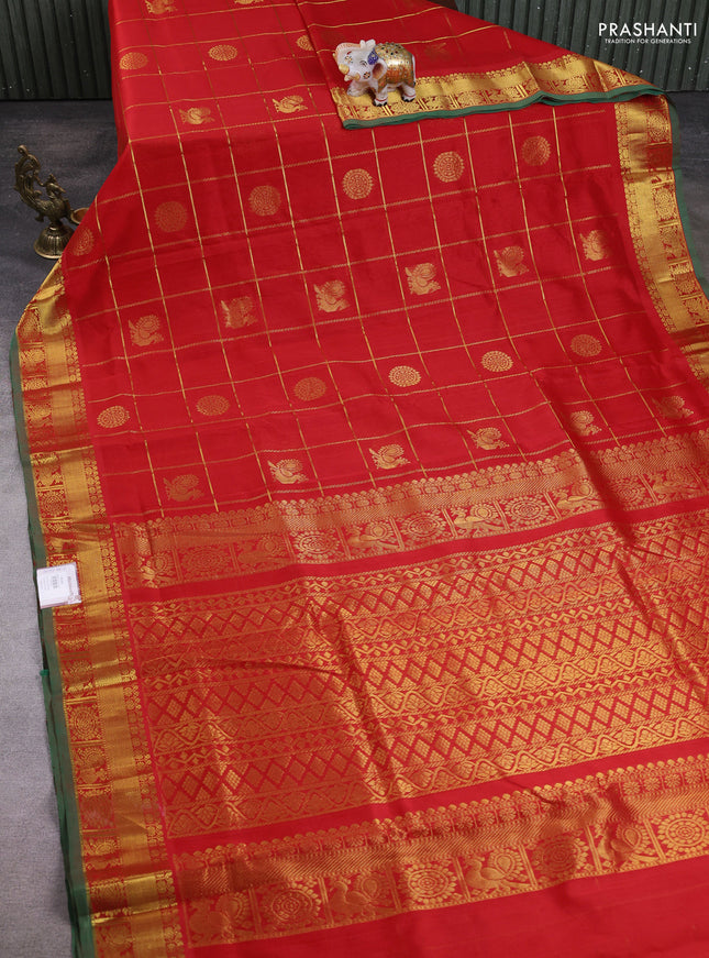 10 Yards silk cotton saree red and green with allover zari checks & buttas and rich zari woven border
