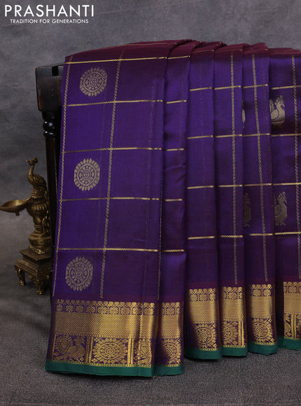 10 Yards silk cotton saree deep violet and green with allover zari checks & buttas and rich zari woven border