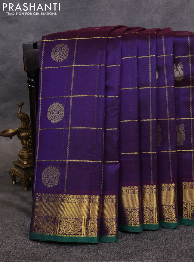 10 Yards silk cotton saree deep violet and green with allover zari checks & buttas and rich zari woven border