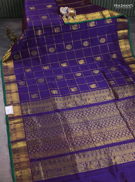 10 Yards silk cotton saree deep violet and green with allover zari checks & buttas and rich zari woven border