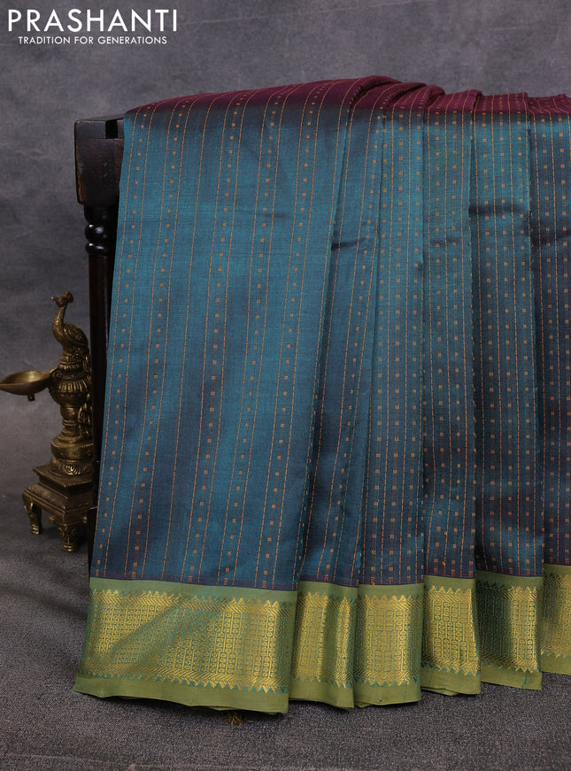 10 Yards silk cotton saree peacock green and mehendi green with allover thread weaves and zari woven border
