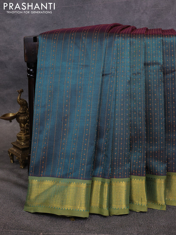 10 Yards silk cotton saree peacock green and mehendi green with allover thread weaves and zari woven border