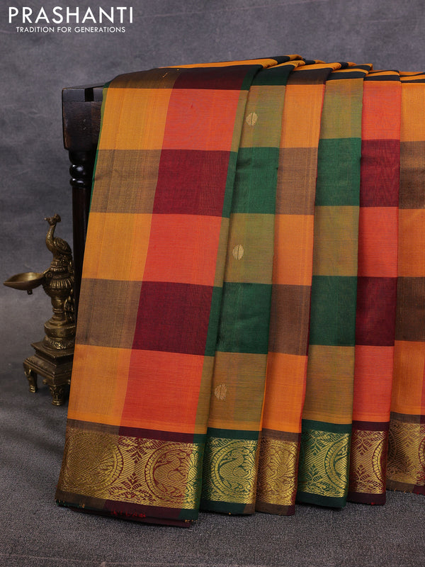 10 Yards silk cotton saree multi colour and maroon with allover paalum pazhamum & zari buttas and annam zari woven border