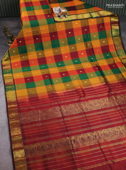 10 Yards silk cotton saree multi colour and maroon with allover paalum pazhamum & zari buttas and annam zari woven border