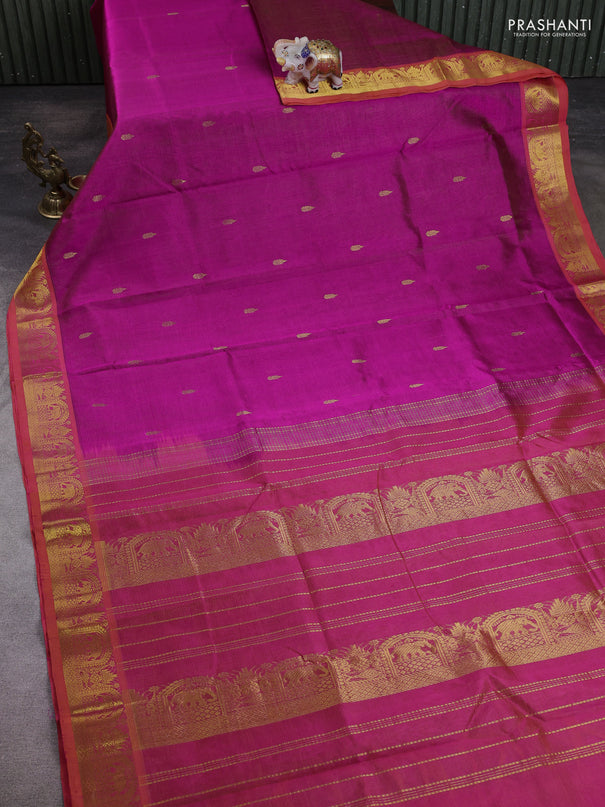 10 Yards silk cotton saree magenta pink and dual shade of pinksh orange with allover vairosi pattern & zari buttas and zari woven border