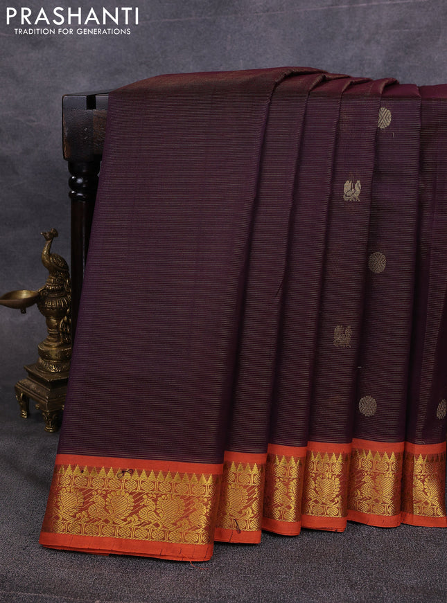 10 Yards silk cotton saree coffee brown and dual shade of pinksh orange with allover vairosi pattern & zari buttas and annam zari woven border