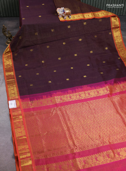 10 Yards silk cotton saree coffee brown and dual shade of pinksh orange with allover vairosi pattern & zari buttas and annam zari woven border