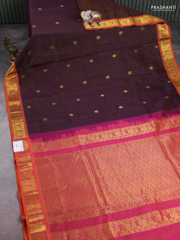 10 Yards silk cotton saree coffee brown and dual shade of pinksh orange with allover vairosi pattern & zari buttas and annam zari woven border