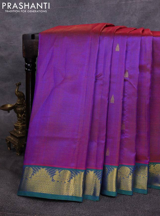 10 Yards silk cotton saree dual shade of purple and green with allover vairosi pattern & zari buttas and temple & annam zari woven border