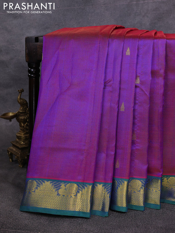 10 Yards silk cotton saree dual shade of purple and green with allover vairosi pattern & zari buttas and temple & annam zari woven border
