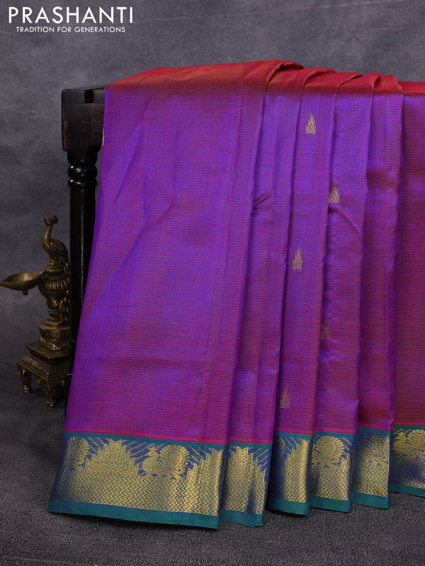 10 Yards silk cotton saree dual shade of purple and green with allover vairosi pattern & zari buttas and temple & annam zari woven border