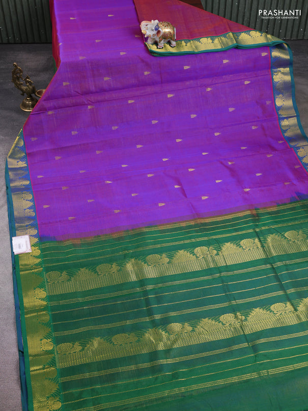 10 Yards silk cotton saree dual shade of purple and green with allover vairosi pattern & zari buttas and temple & annam zari woven border