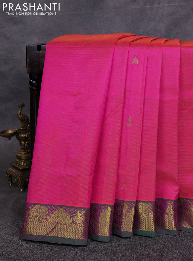 10 Yards silk cotton saree dual shade of pinkish orange and green with allover vairosi pattern & zari buttas and temple & annam zari woven border
