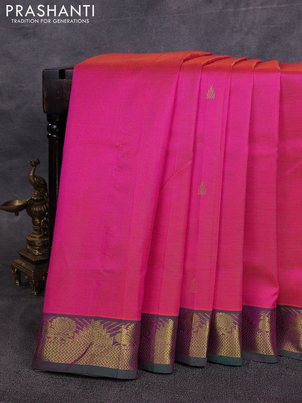 10 Yards silk cotton saree dual shade of pinkish orange and green with allover vairosi pattern & zari buttas and temple & annam zari woven border