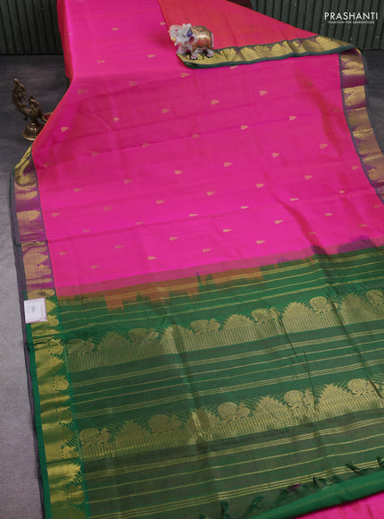 10 Yards silk cotton saree dual shade of pinkish orange and green with allover vairosi pattern & zari buttas and temple & annam zari woven border