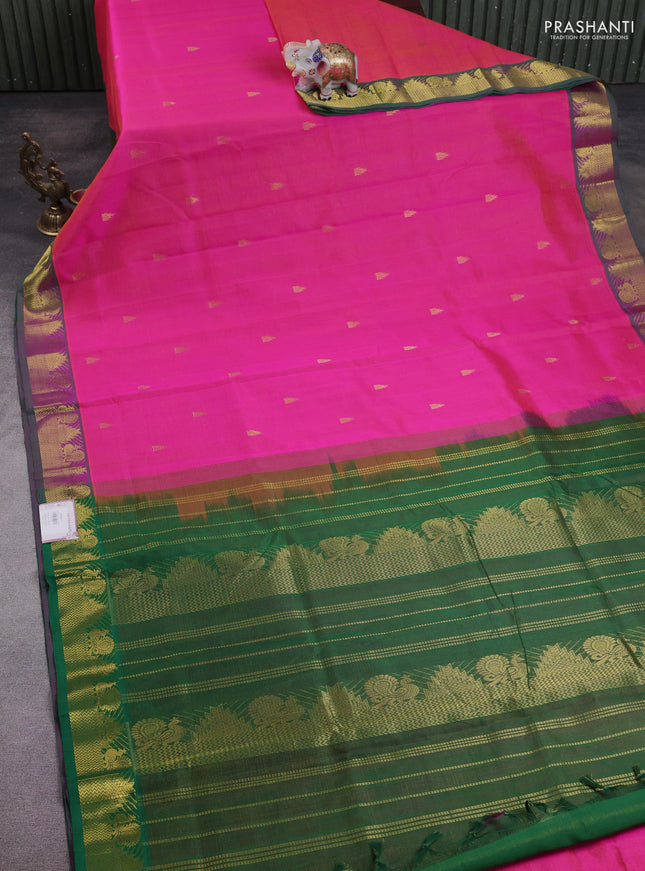 10 Yards silk cotton saree dual shade of pinkish orange and green with allover vairosi pattern & zari buttas and temple & annam zari woven border