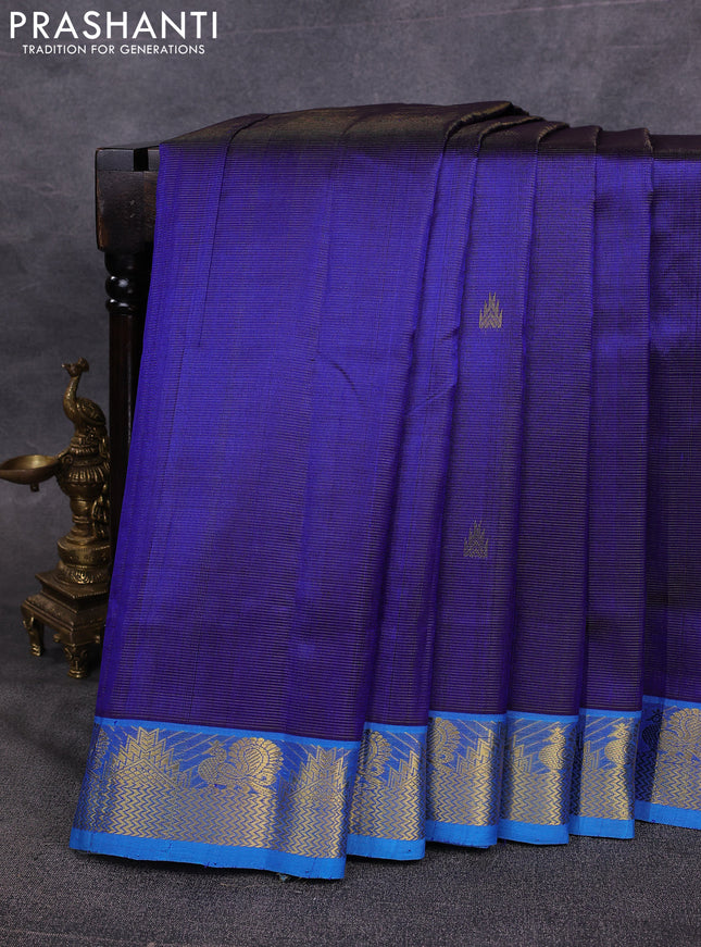 10 Yards silk cotton saree blue and cs blue with allover vairosi pattern & zari buttas and temple & annam zari woven border