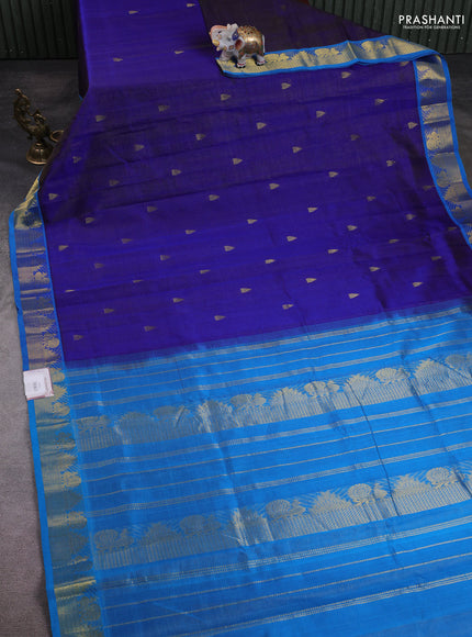 10 Yards silk cotton saree blue and cs blue with allover vairosi pattern & zari buttas and temple & annam zari woven border