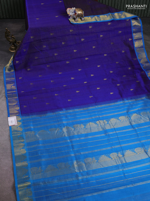 10 Yards silk cotton saree blue and cs blue with allover vairosi pattern & zari buttas and temple & annam zari woven border