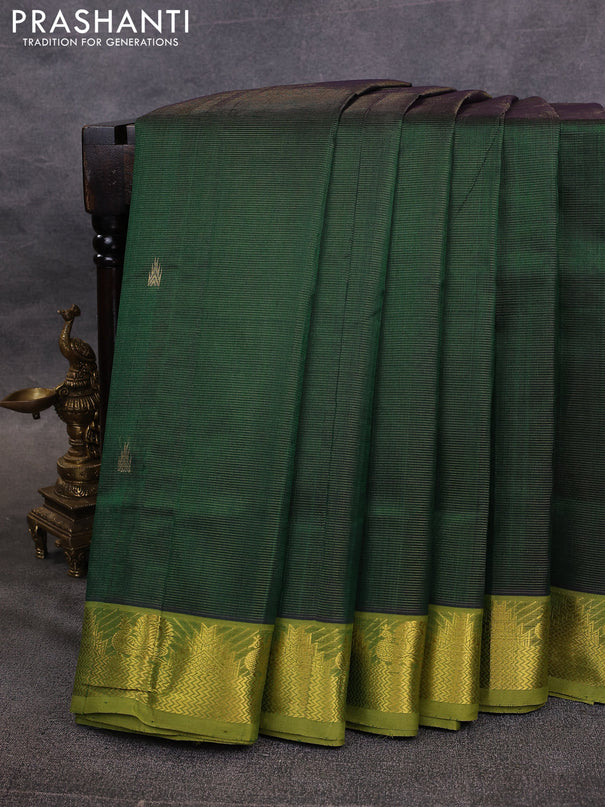 10 Yards silk cotton saree bottle green and mehendi green with allover vairosi pattern & zari buttas and temple & annam zari woven border