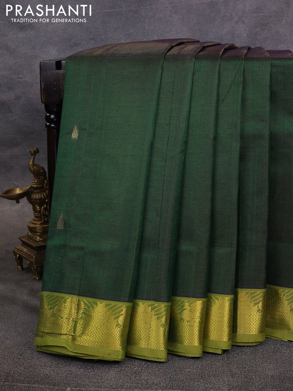 10 Yards silk cotton saree bottle green and mehendi green with allover vairosi pattern & zari buttas and temple & annam zari woven border