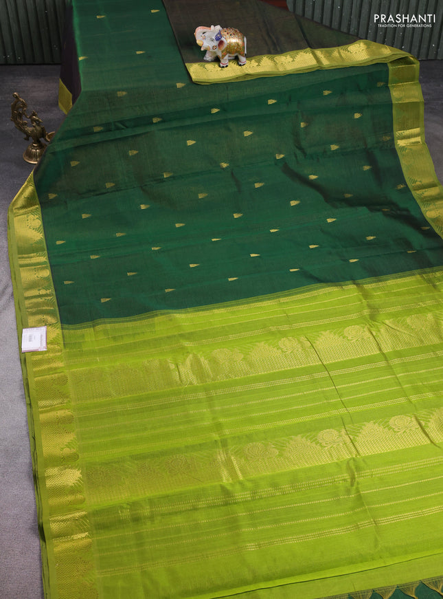 10 Yards silk cotton saree bottle green and mehendi green with allover vairosi pattern & zari buttas and temple & annam zari woven border