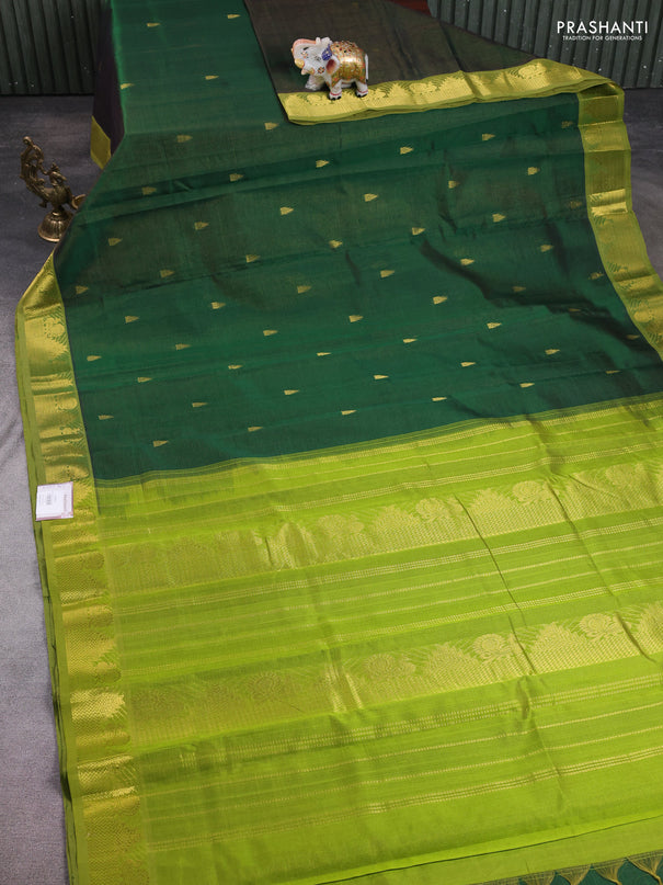 10 Yards silk cotton saree bottle green and mehendi green with allover vairosi pattern & zari buttas and temple & annam zari woven border