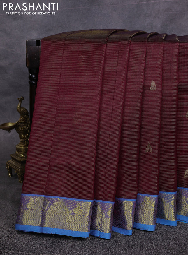 10 Yards silk cotton saree maroon and cs blue with allover vairosi pattern & zari buttas and temple & annam zari woven border
