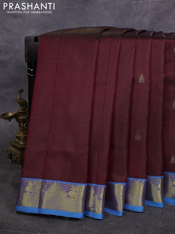 10 Yards silk cotton saree maroon and cs blue with allover vairosi pattern & zari buttas and temple & annam zari woven border