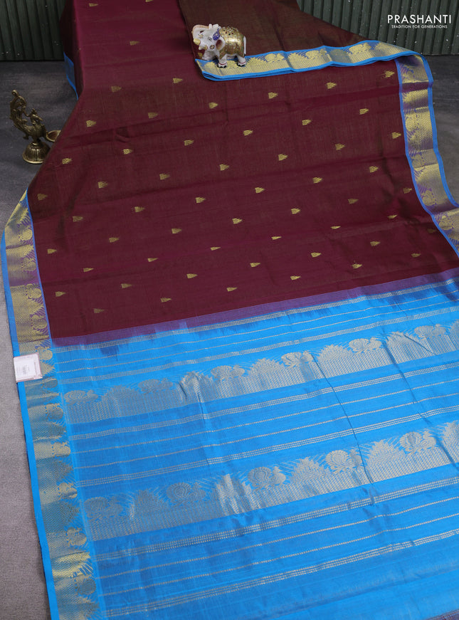 10 Yards silk cotton saree maroon and cs blue with allover vairosi pattern & zari buttas and temple & annam zari woven border
