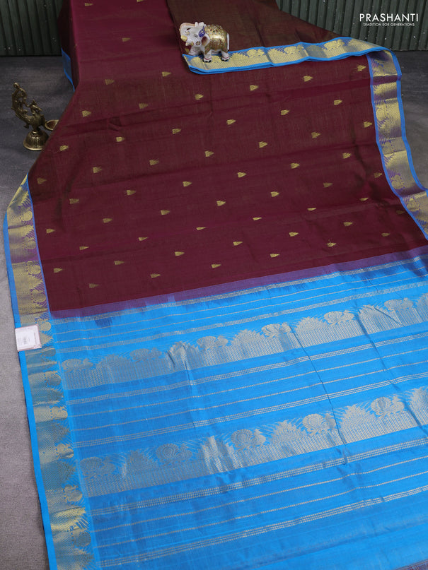 10 Yards silk cotton saree maroon and cs blue with allover vairosi pattern & zari buttas and temple & annam zari woven border