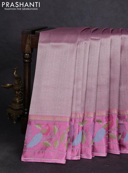 Banarasi silk saree pastel pink with allover zari woven brocade weaves and paithani style border