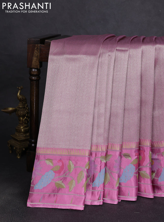 Banarasi silk saree pastel pink with allover zari woven brocade weaves and paithani style border