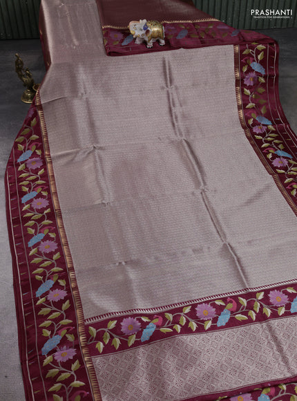 Banarasi silk saree wine shade with allover zari woven brocade weaves and paithani style border
