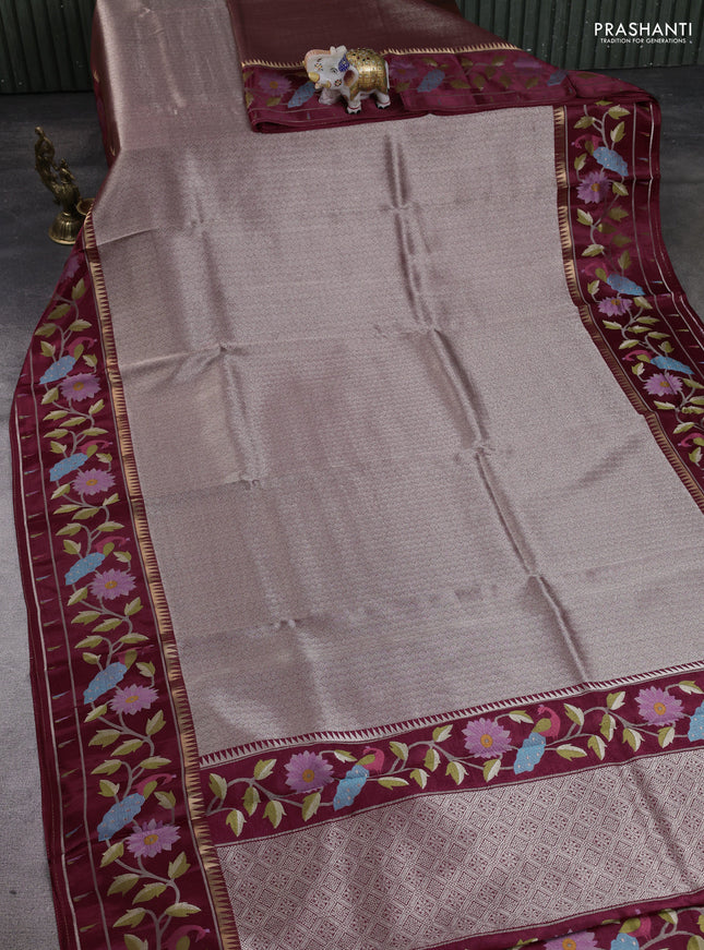 Banarasi silk saree wine shade with allover zari woven brocade weaves and paithani style border