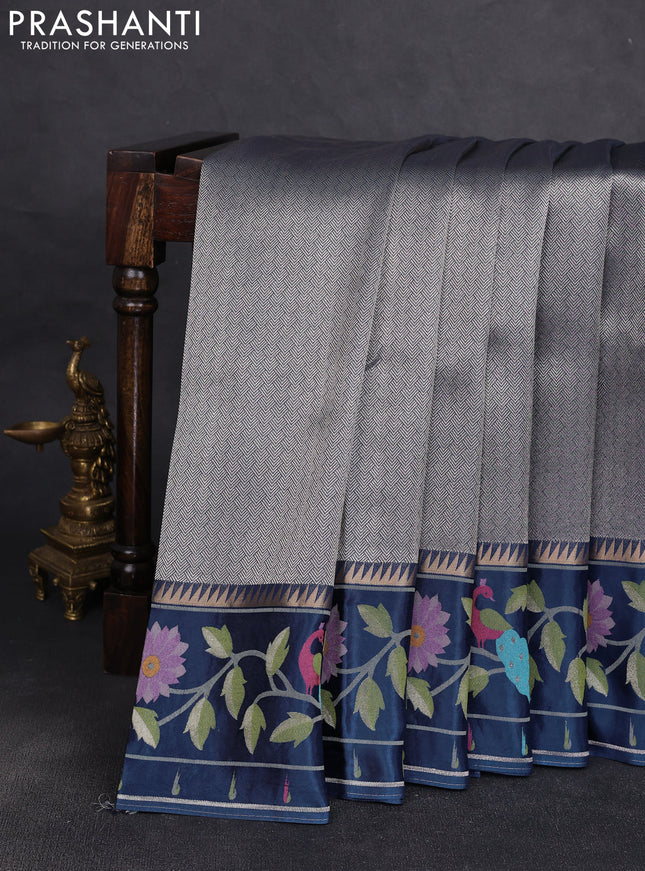 Banarasi silk saree peacock blue with allover zari woven brocade weaves and paithani style border