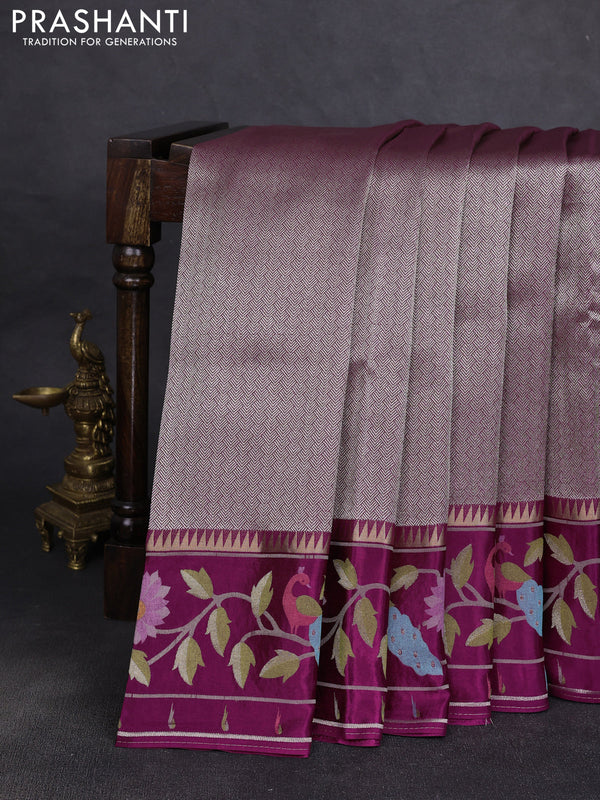 Banarasi silk saree dark magenta with allover zari woven brocade weaves and paithani style border