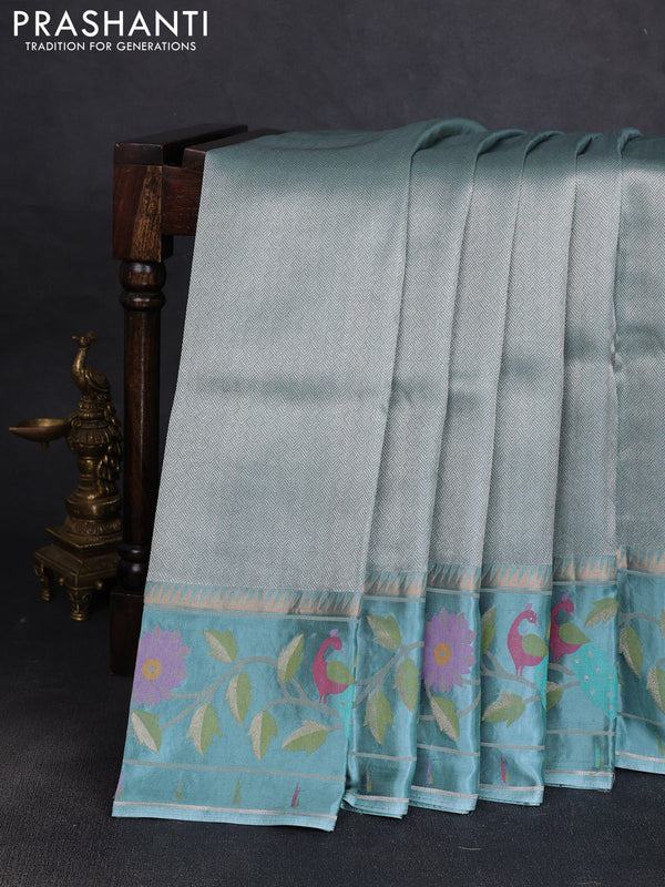 Banarasi silk saree pastel blue with allover zari woven brocade weaves and paithani style border