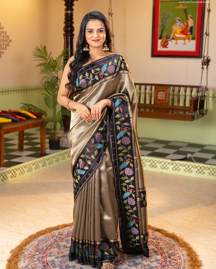 Banarasi silk saree black with allover zari woven brocade weaves and paithani style border
