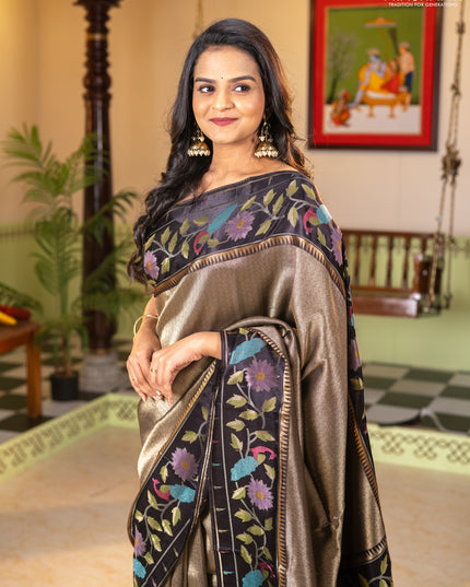 Banarasi silk saree black with allover zari woven brocade weaves and paithani style border