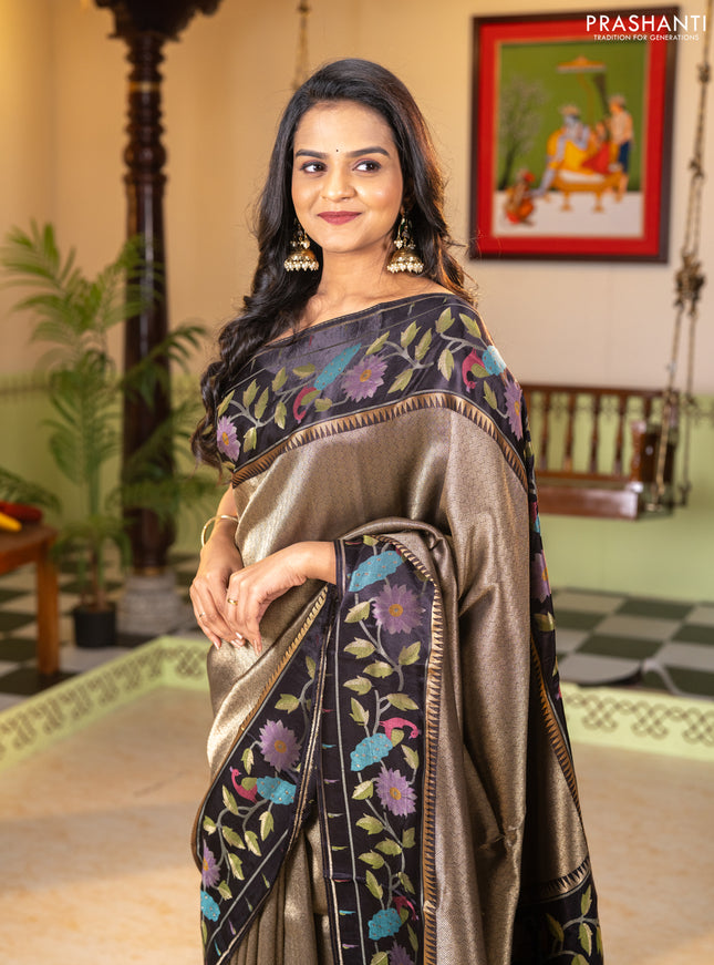 Banarasi silk saree black with allover zari woven brocade weaves and paithani style border