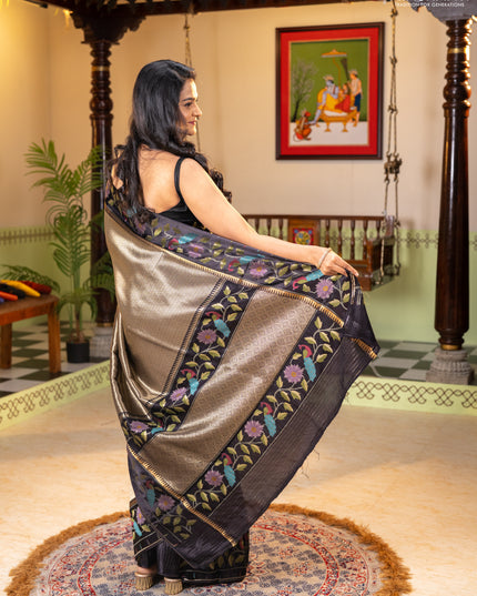 Banarasi silk saree black with allover zari woven brocade weaves and paithani style border