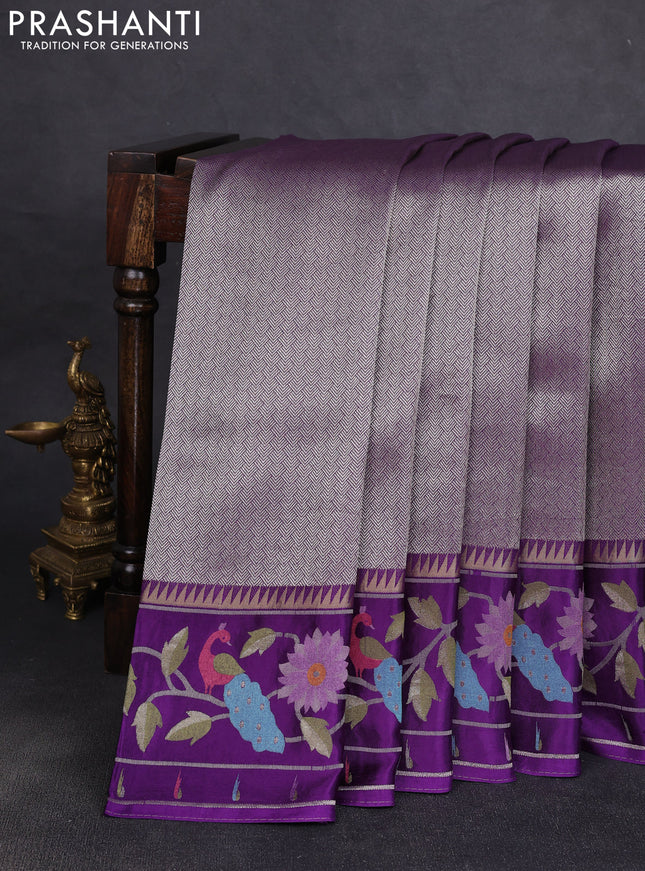 Banarasi silk saree violet with allover zari woven brocade weaves and paithani style border