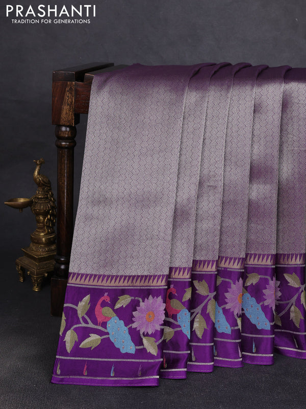 Banarasi silk saree violet with allover zari woven brocade weaves and paithani style border
